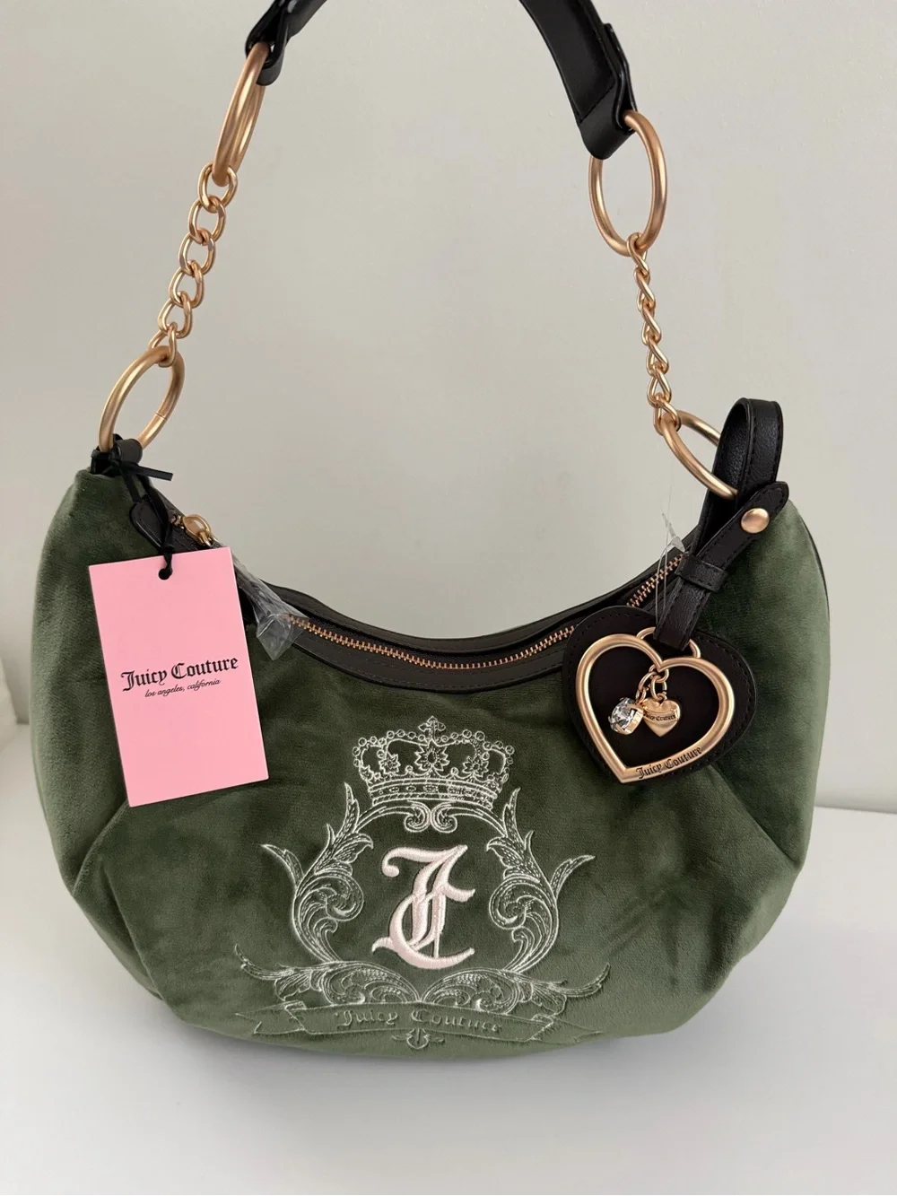 Juicy Couture Olive Green Suede Shoulder Bag with Gold Heart Charm